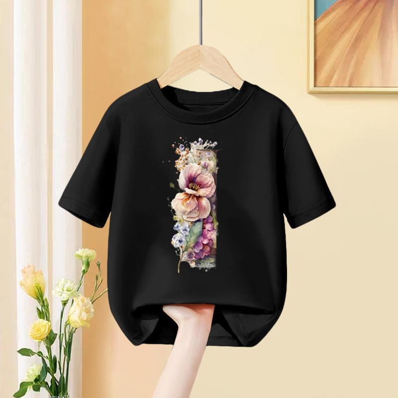 A B C D Kombinationsschrift Mädchen T-Shirt Blumendruck Lässige Oberteile Benutzerdefinierter Name Buchstabe Kinder Schwarzes T-Shirt