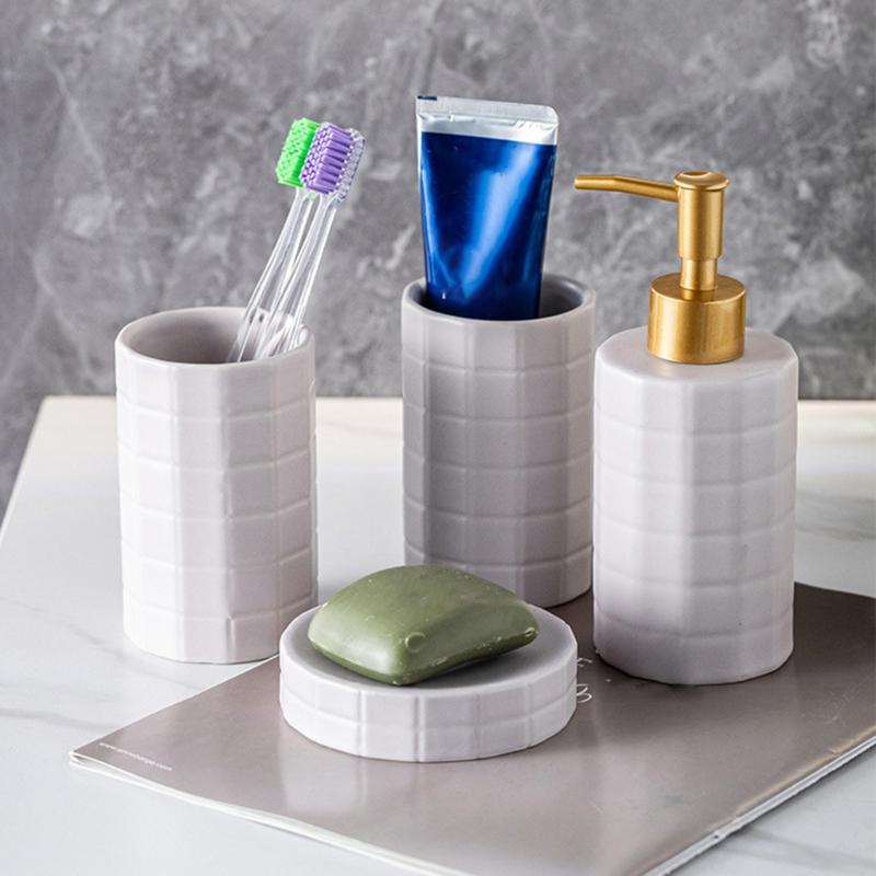 Ceramic Bath Accessories Set For Home Use, AntiSlip Toothbrush Cup Holder With Easy To Clean Glazed Finishes
