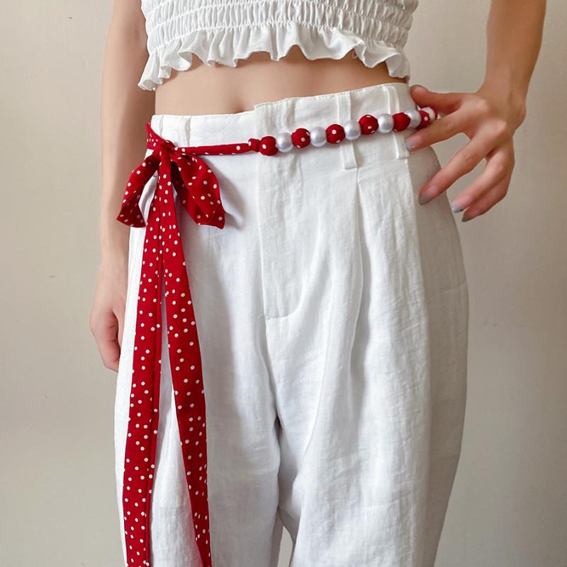Fashion Vintage Polka Dot Long Silk Scarf Pearl Waist Chain Luxurious Design Belt Exquisite Clothing Accessories