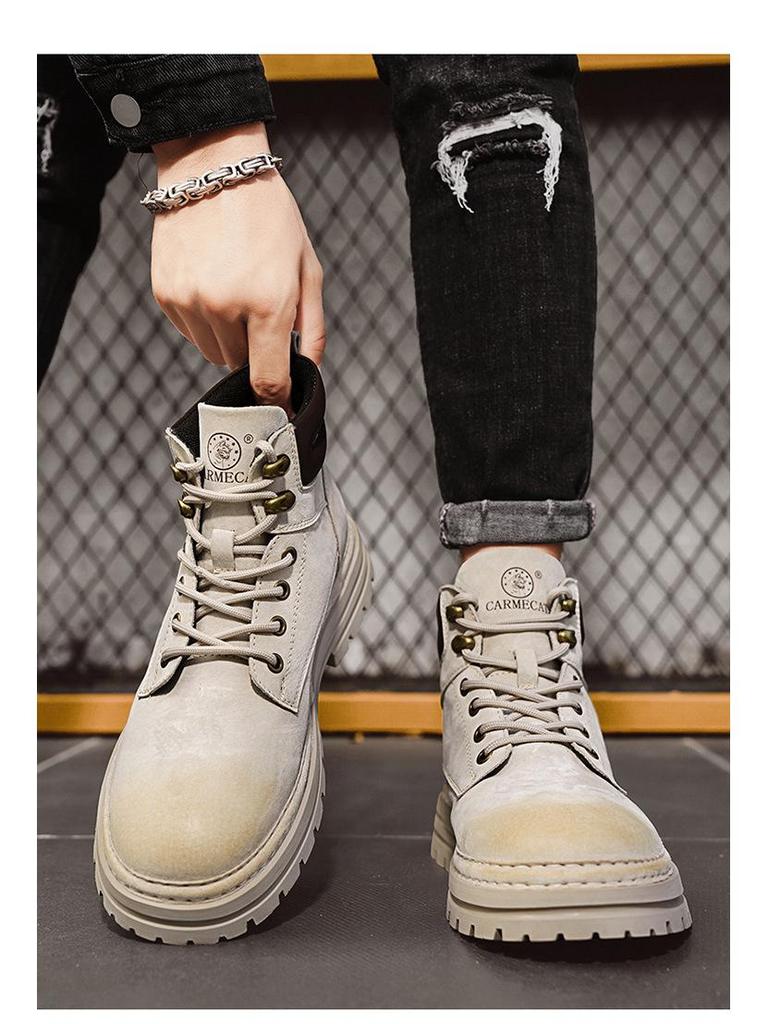 Putian Men's Genuine Leather Warm Fleece-Lined Martin Boots, Yellow British-Style Ankle Workwear Boots