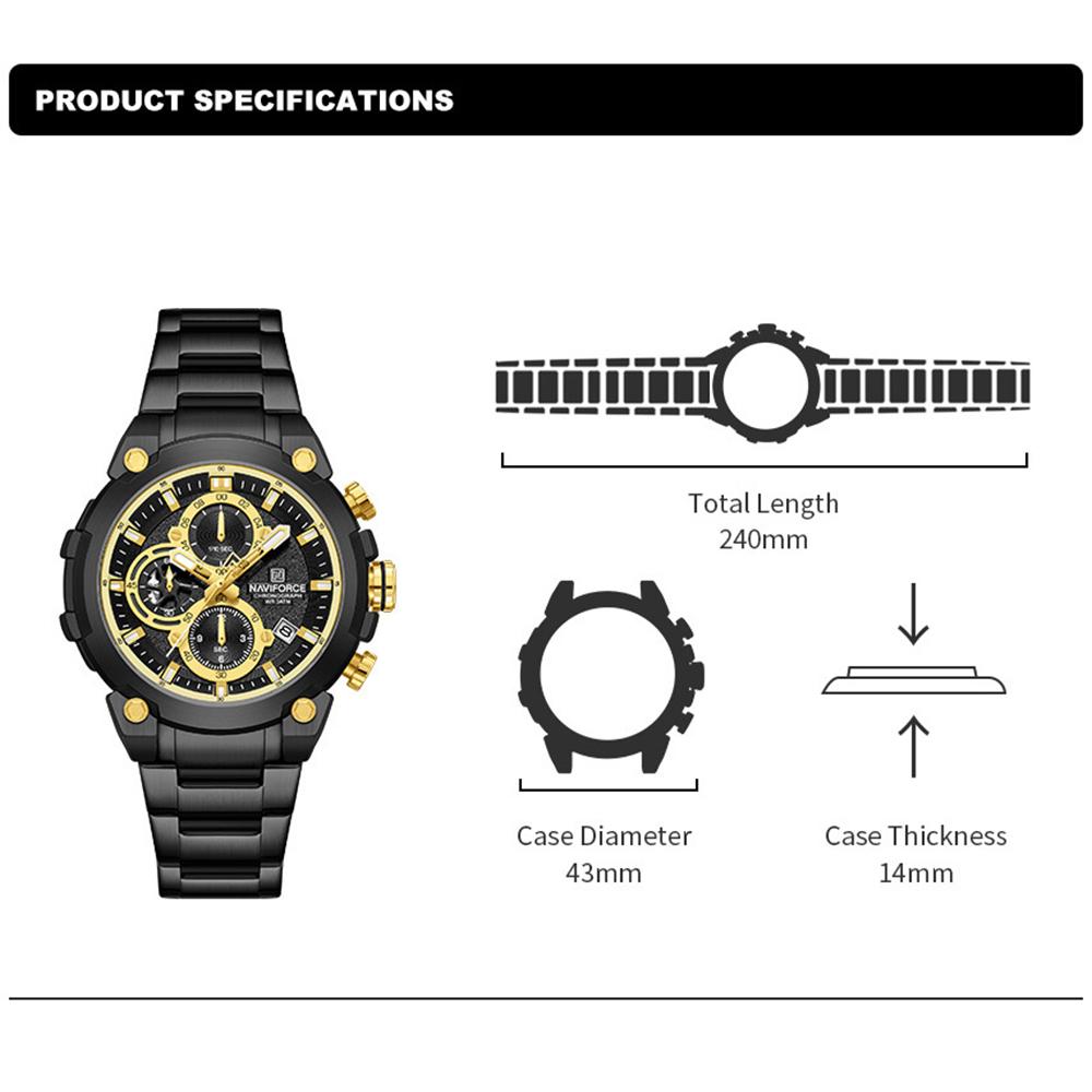 Naviforce Men's Quartz Calendar Watch Stopwatch Chronograph Luminous Hands Stainless Steel Strap Waterproof Sports Outdoor Men's Watch NF8071