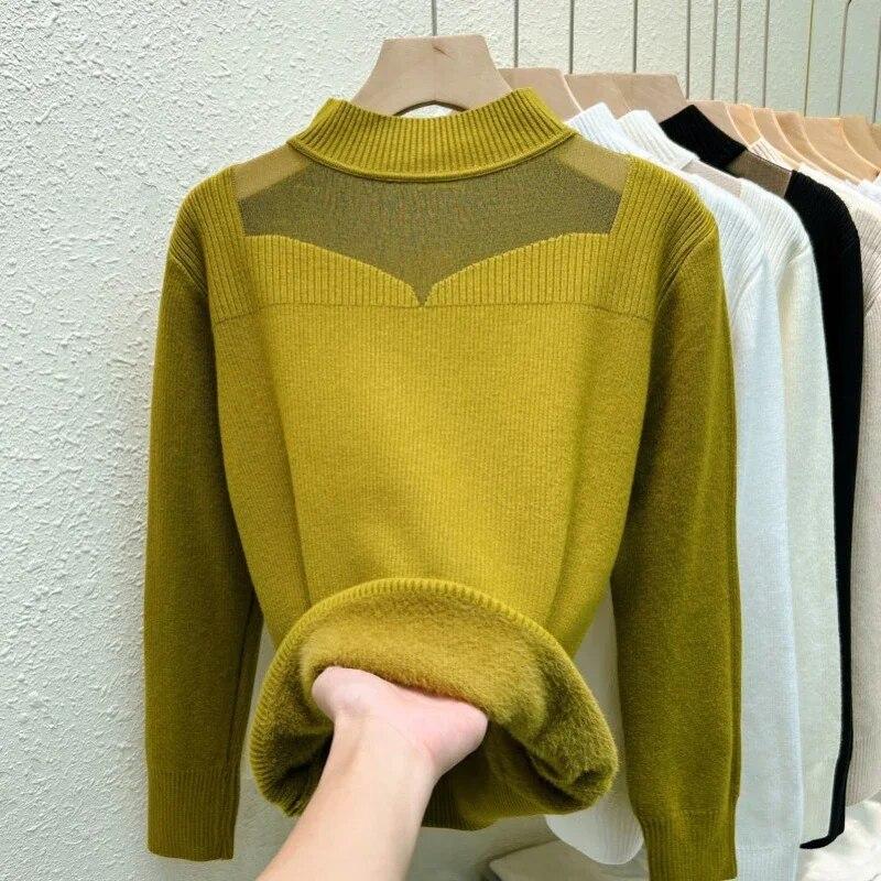 Gauze Half High Collar Velvet Knitted Sweater Women Winter Fashion Warm Pullovers Women Thicken Solid Soft Slim Sweaters 29786