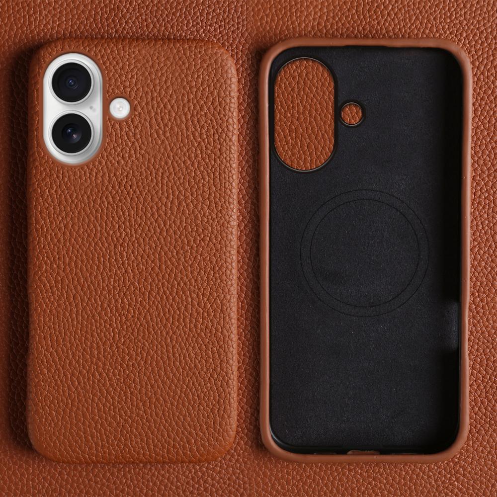 For iPhone 17 Case Compatible with MagSafe Litchi Texture Genuine Cow Leather + PC Phone Cover