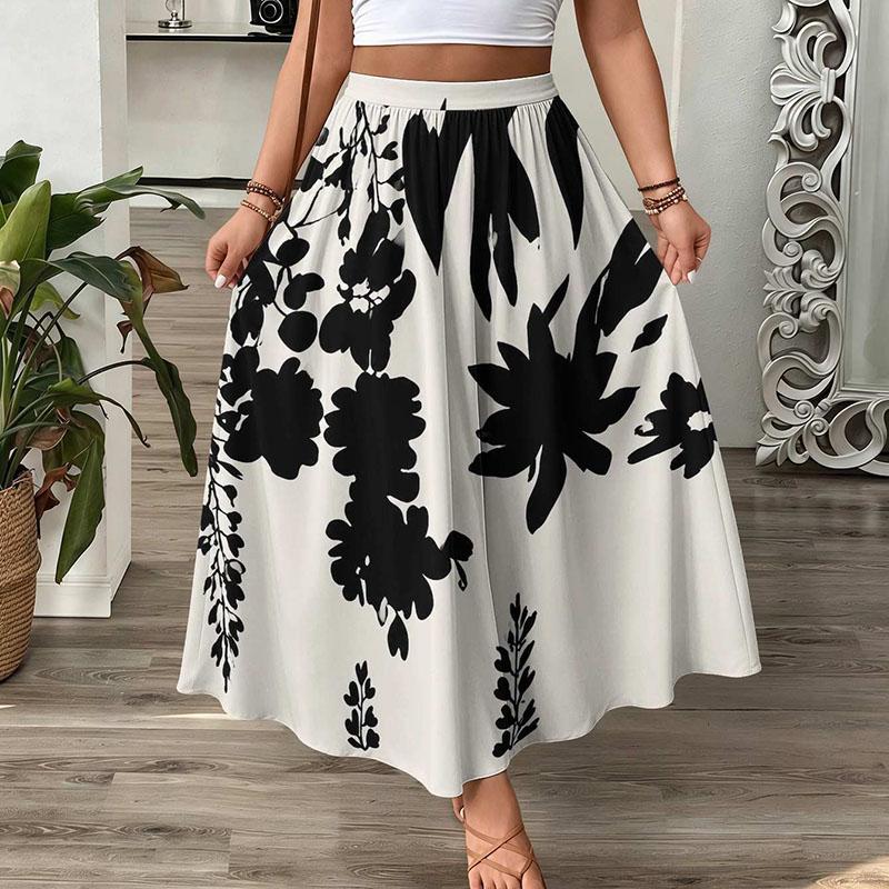 Vintage Floral Maxi Skirt Women High Waist A-Line Boho Resort Flowy Long Skirt