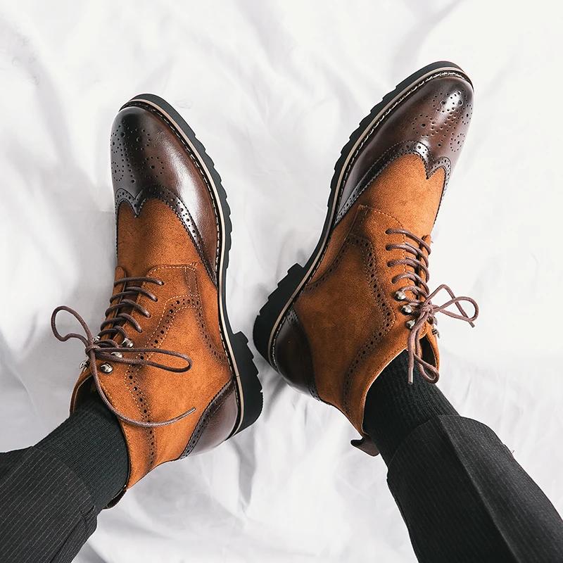Hot Sale Brogue High Top Shoes Men Luxury Brand Business Dress Ankle Boots Comfortable Men's Fashion Leather Motorcycle Boots
