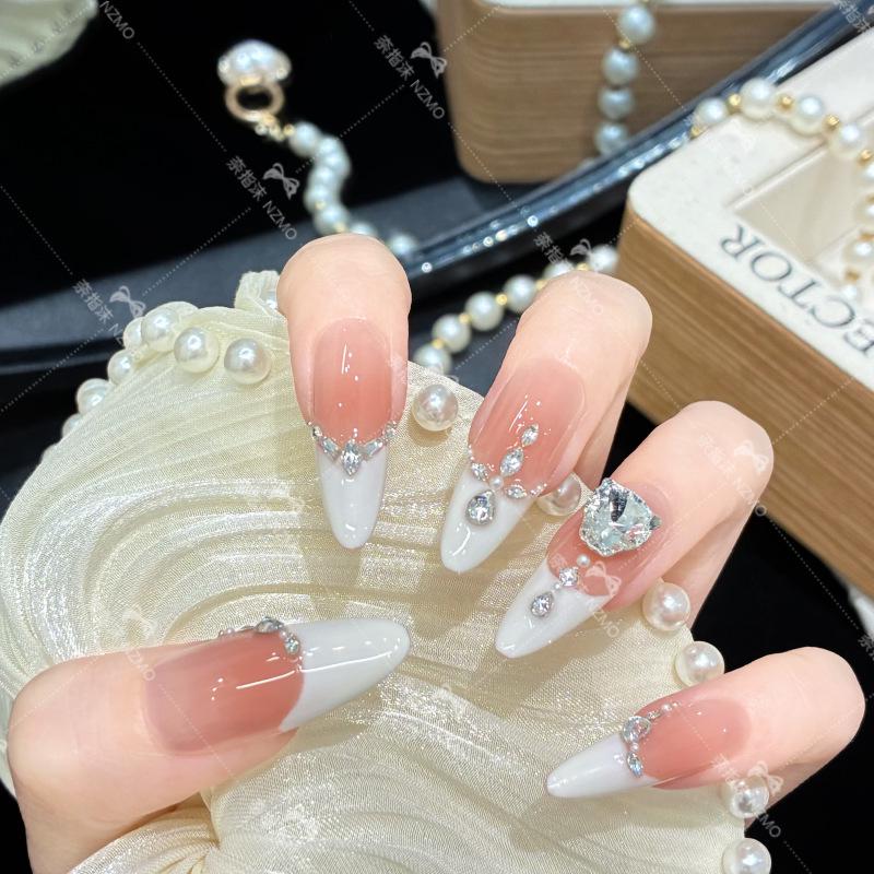 Milky White French Rhinestone Luxury Handmade Nails for Autumn/Winter S【Standard Size - Fits 80%】