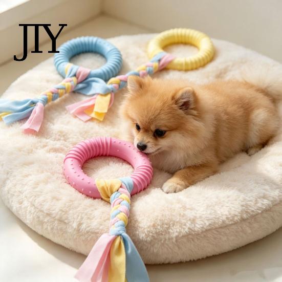 Boredom Buster for Dogs Dog Tug-of-War Toy, Rubber Ring with Braided Cloth Strips, Interactive Safe Non-Toxic Chewing Rings Chew Toy Small to