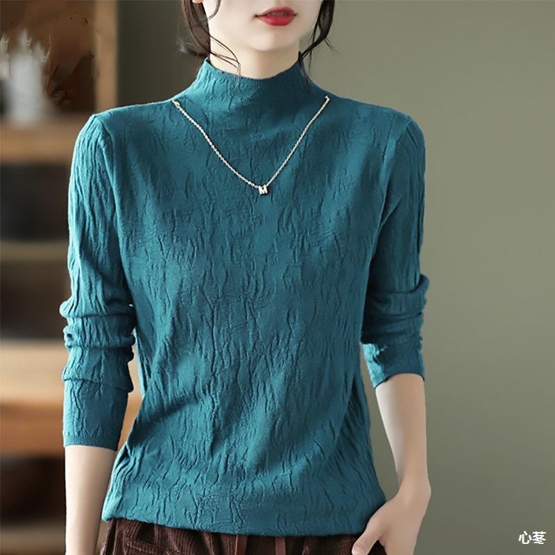 Winter new long-sleeved knitted sweater top white semi-turtleneck bottoming shirt women's inner autumn and winter sweater