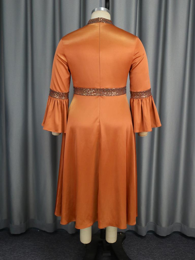 AOMEI Brown Satin Dresses Women Mock Neck Long Flare Sleeve Empire A Lline Evening Cocktail Party Midi Dress