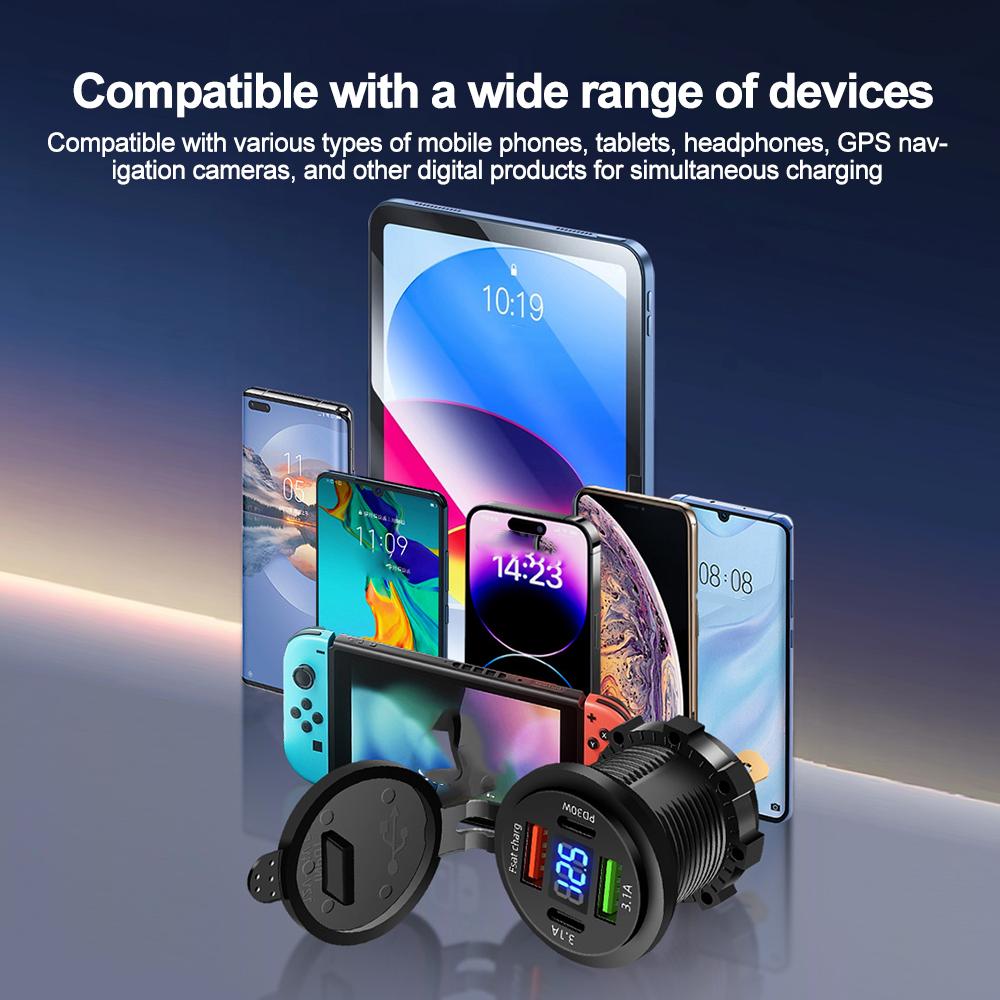 83W Zásuvka nabíječky do auta PD 30W Rychlé nabíjení Dvojitý USB+Type C Výstup Telefonní napájecí adaptér s voltmetrem pro motocykl, nákladní automobil, loď