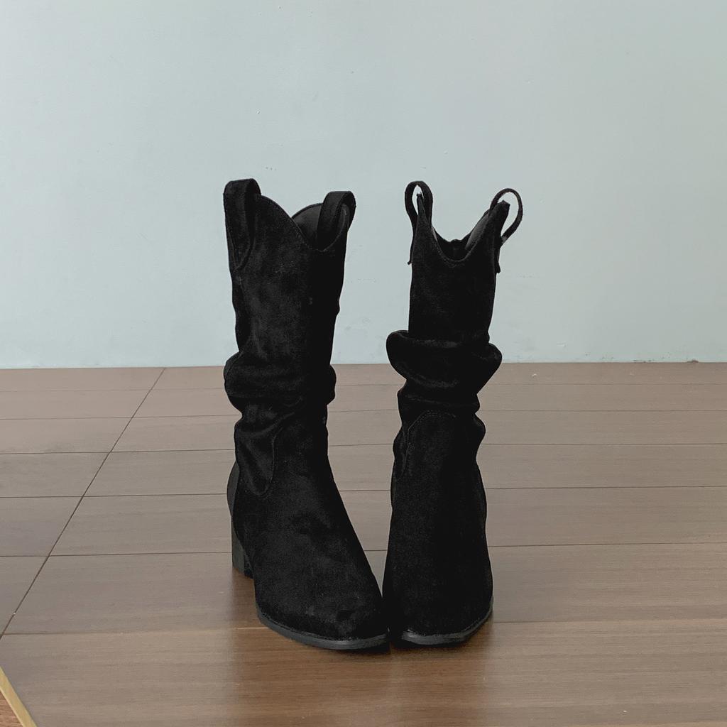 Winter Pleated Women Western Ankle Boots Fashion Pointed Toe Slip On Shoes Ladies Concise Vintage Thick Heel Short Booties