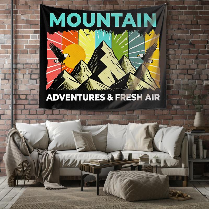 Colorful Mountain Graphic Wall Tapestry, Eagle Sun Retro Stripes Adventures Slogan Blanket