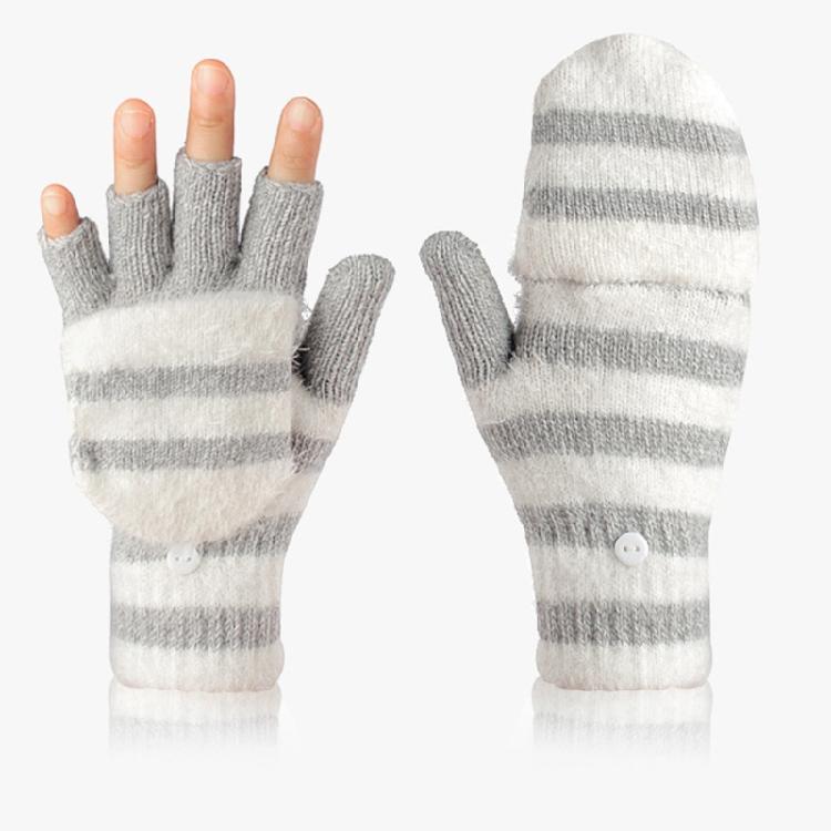 Striped Pattern Glove Plush Fingerless Mittens with Flip Top Knitted Gloves