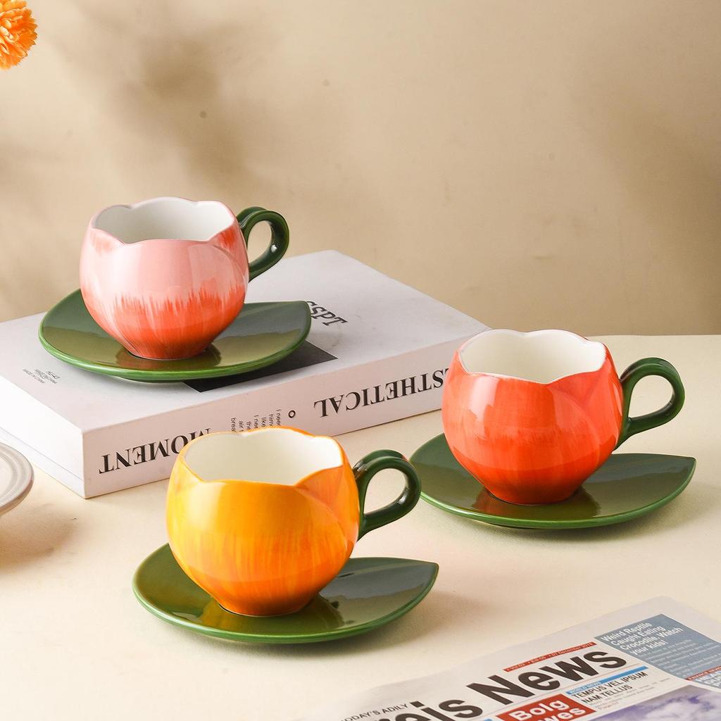 Tulip Shaped Hand-Painted Ceramic Coffee Cup and Saucer - Retro, Girly, Exquisite