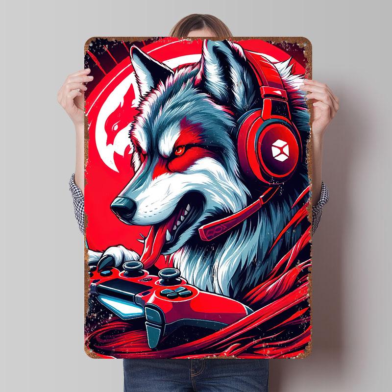 

Wolf Gamer Headset Tin Plaque Poster Customized Wall Art Retro Vintage Metal Signs for Man Cave Home Decor Living Room Wand Deko 7.9x11.8In(20x30cm)
