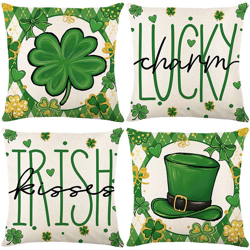 Green Four-leaf Clover Printed Pillowcase St. Patrick's Day Decorative Cushion Cover Living Room Sofa Pillow