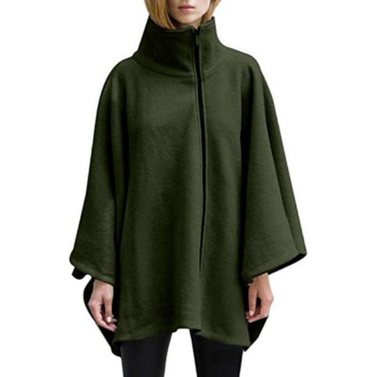 

Warm Winter Thick Cape Coat for Women Windproof High Collar Loose Bat Sleeve Long Coat Solid Color Zipper Closure Irregular Hem S армия зеленый