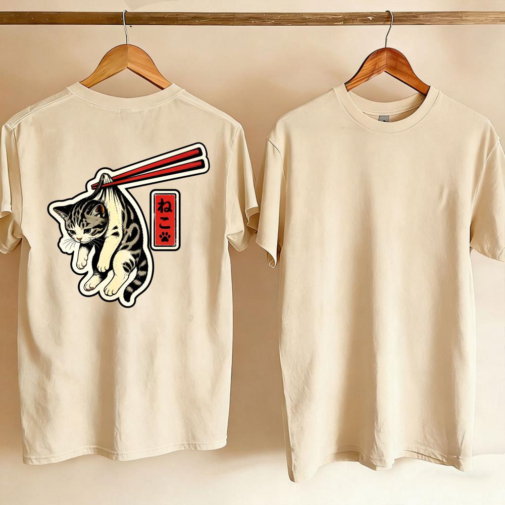 Unisex Vintage Japanese Tabby Cat Hang By Chopsticks Kanji Graphic TShirt Retro Ukiyoe Style Funny Kitten Print Casual Cotton Top