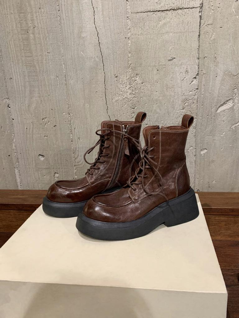 Cowhide Version~ Grape Mother Shrink-grain Horse Leather Boots Heightened Thick Heel Thick Sole Lace-up Side Zipper Martin Boots Women's Short Boots