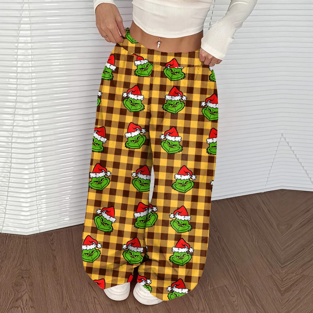 Damen Casual Weihnachten Print Elastischer Bund Lockerer Schnitt Mit Plüsch Weites Bein Hose