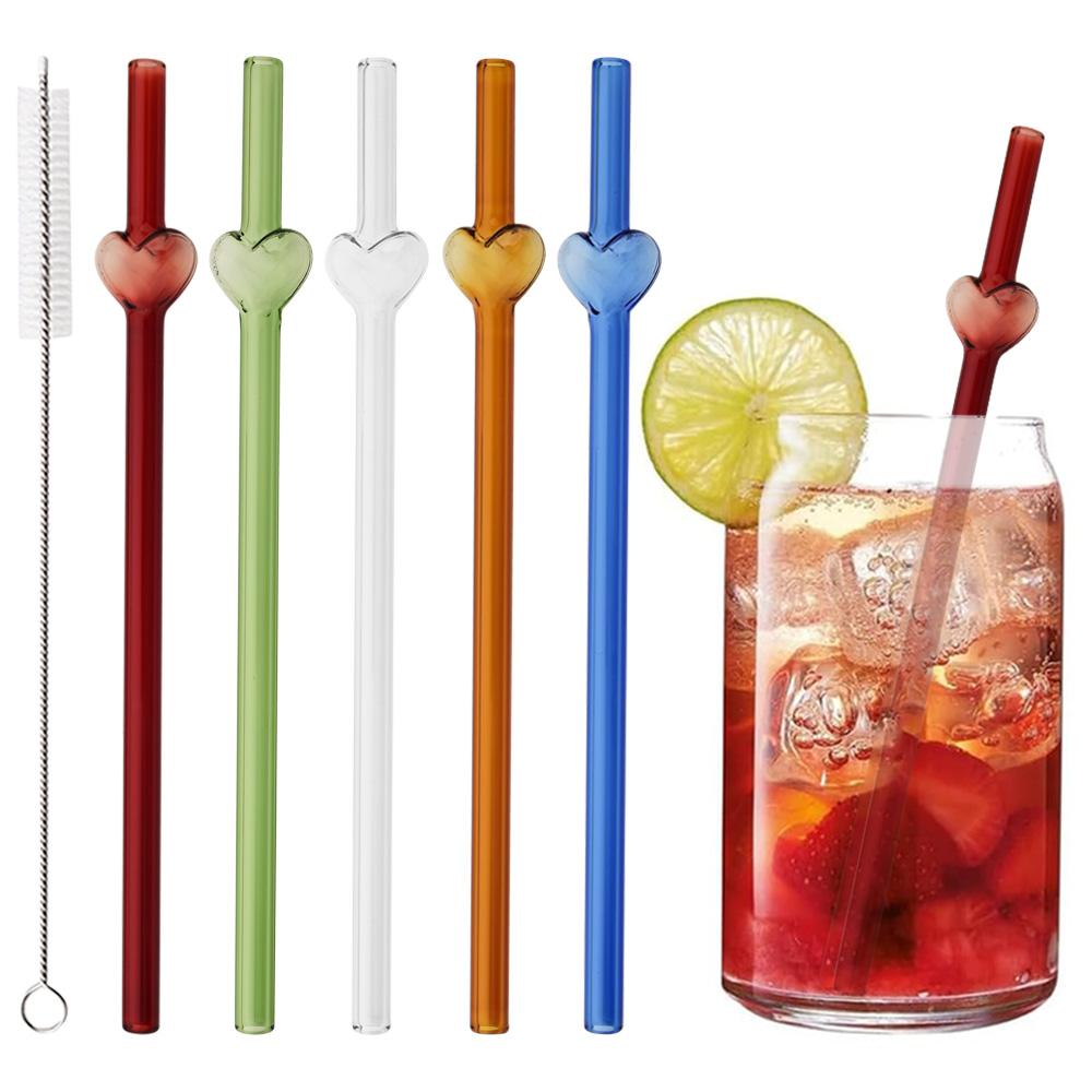 5Pcs Glass Straws Reusable Cute Heart Glass Straws 7.8 In*8mm Red Eco-friendly Glass Straws with 1 Cleaning Brush