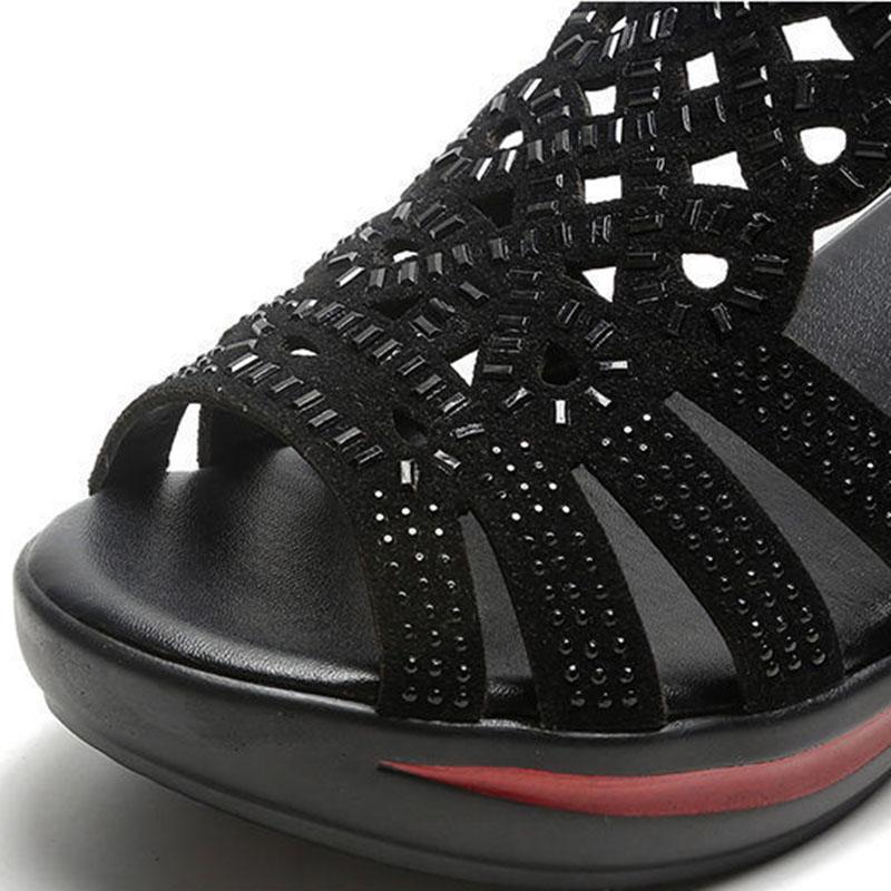 Sandalias de tacón alto con cuña para mujer, piel sintética, cuero suave, aumento de suela gruesa, estilo romano Retro hueco, verano