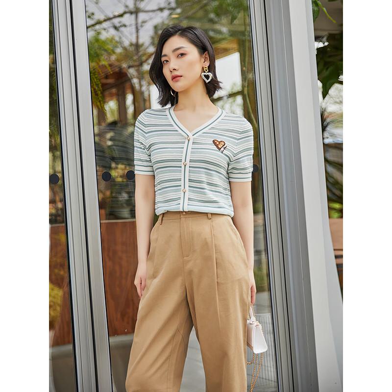 

Women s Striped V-Neck Short-Sleeve Knit Cardigan with Heart Patch M