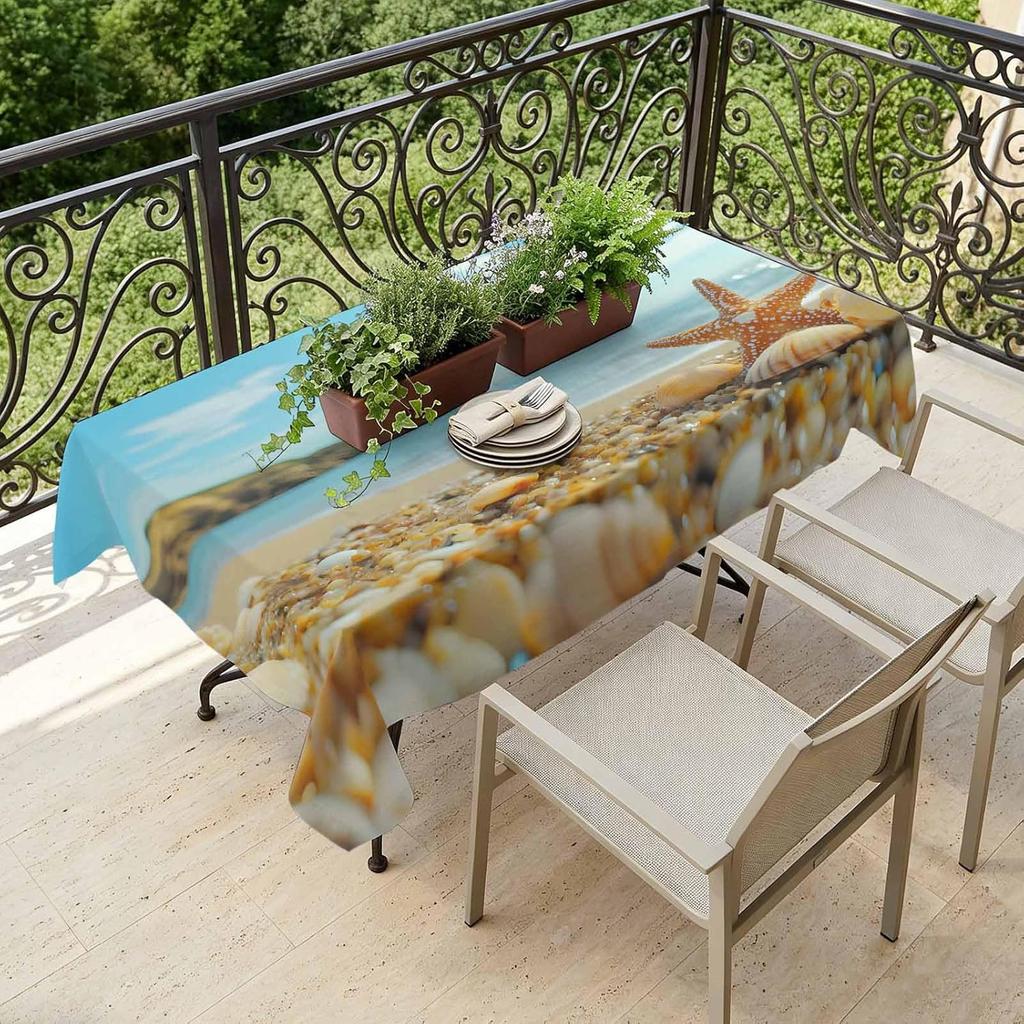 Summer Beach Shell Starfish Rectangle Tablecloth for Table Decor Blue Ocean Theme Kitchen Dining Table Cloth Holiday Party Decor