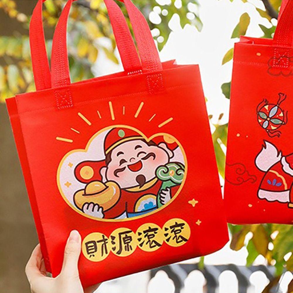 Cartoon Vlies Neue Jahr Geschenktasche Tragbar Rote Vlies Aufbewahrungstasche Souvenir Verpackungstasche Das Frühlingsfest