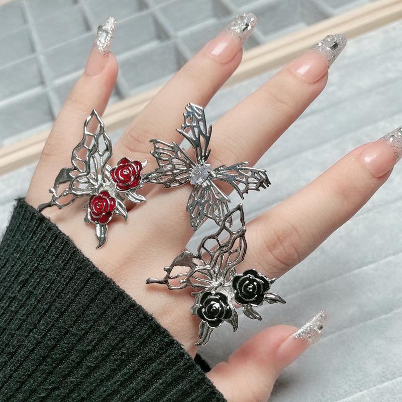 Niche Design Enamel Dripping Rose Open Ring Liquid Butterfly Sweet Cool Hollow Personalized Ring