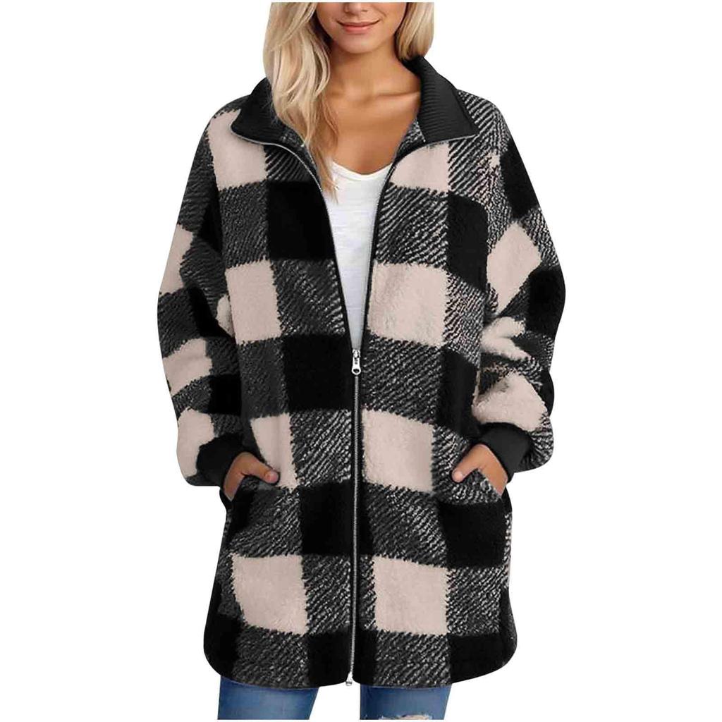 Coats For Women Plaid Fleece Jackets Zip Up Fall Winter Coat Fuzzy Warm Jacket Trendy Casual Outerwear Shacket