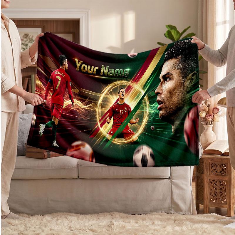 Coperta Personalizzata in Pile Cristiano Ronaldo con Logo Calcio, Testo Nome Personalizzato Morbida Calda Coperta da Divano per la Casa