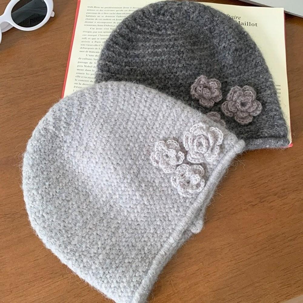 Solid Color Knitted Woolen Hat Elastic Flower Beanie Hat Winter Warm Hat  Outdoor Activities