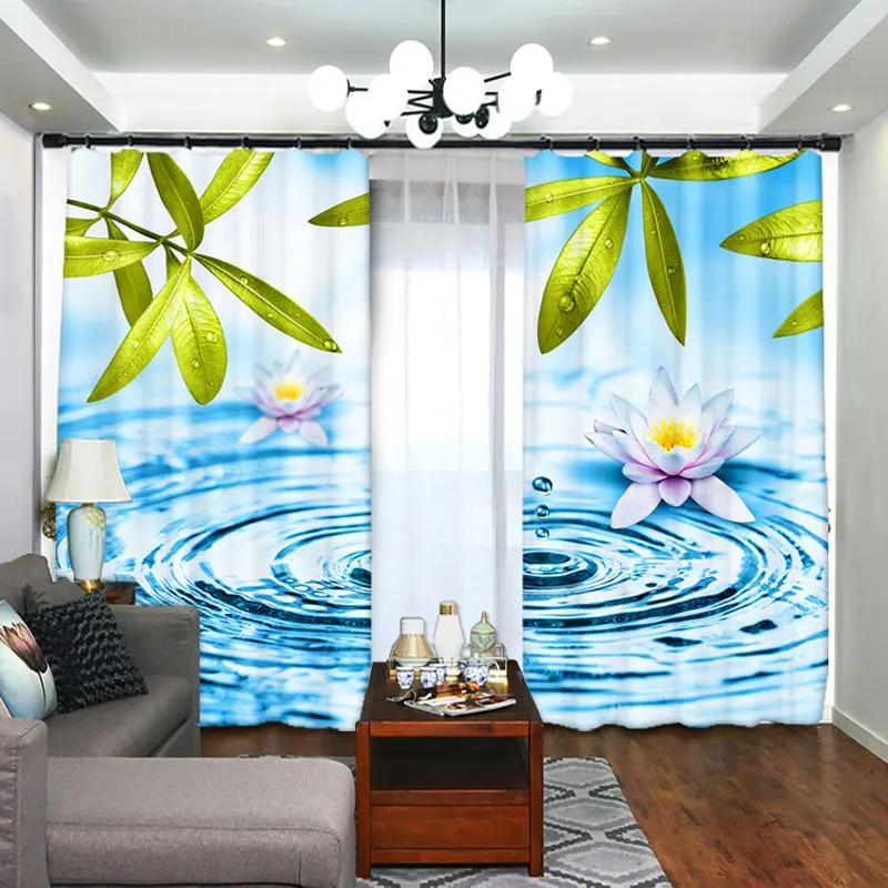 Lotus Green Lotus Flower Printed Curtain for Bedroom Living Room Floor-to-ceiling Window Kitchen Shutters Grommet Top Cortinas