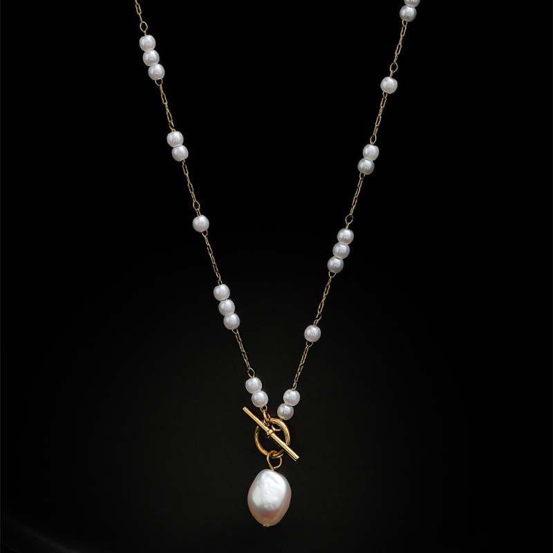 Stainless Steel Gold Color Pearl Pendant Necklace For Women Elegant Imitation Pearl Beaded OT Buckle Long Necklace Jewelry