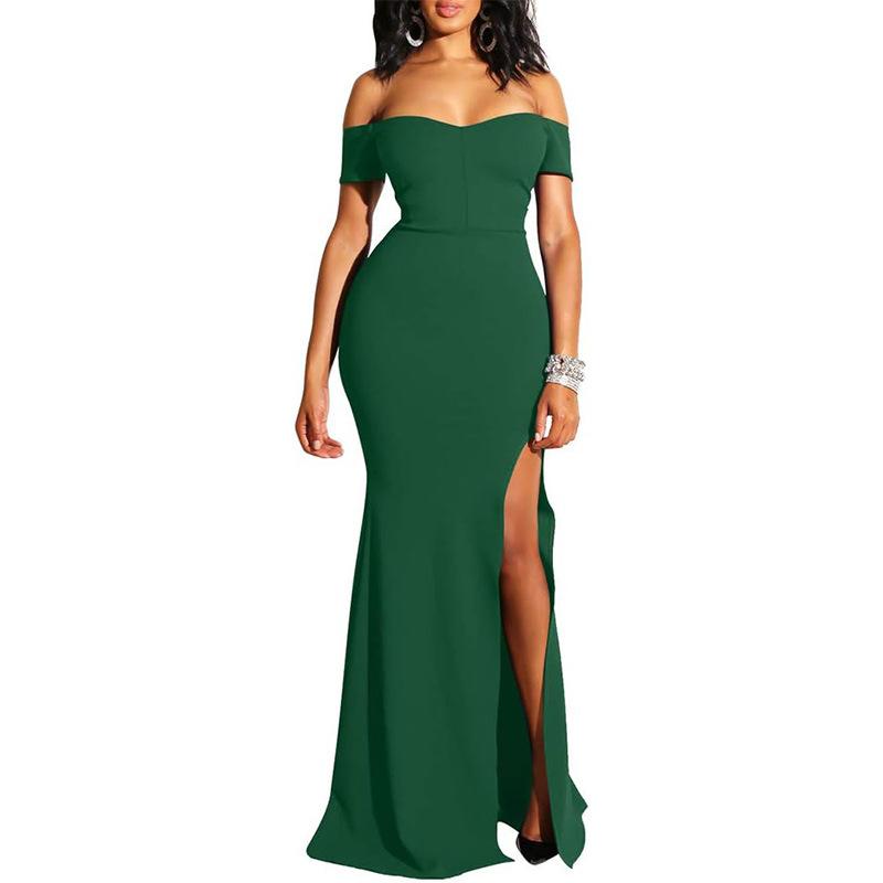 Independent Station European and American Foreign Trade Evening Dress Women's Banquet Temperament Low Chest One Word Shoulder High Split Sexy High-end