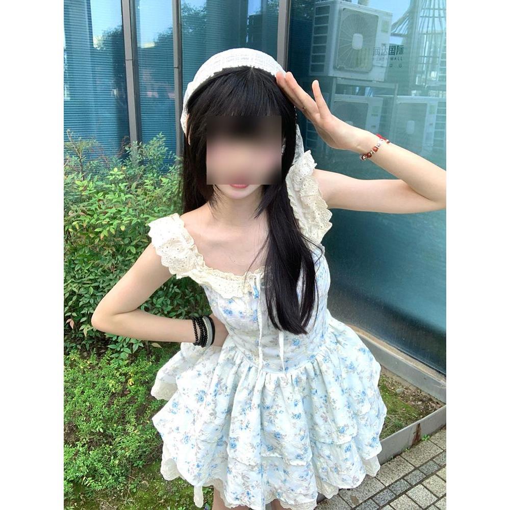 Pure Desire Sweet Spice Girl Small Flying Sleeve Gentle Floral Waist Dress Lace Splicing Pink Princess Puffy Short Skirt Women