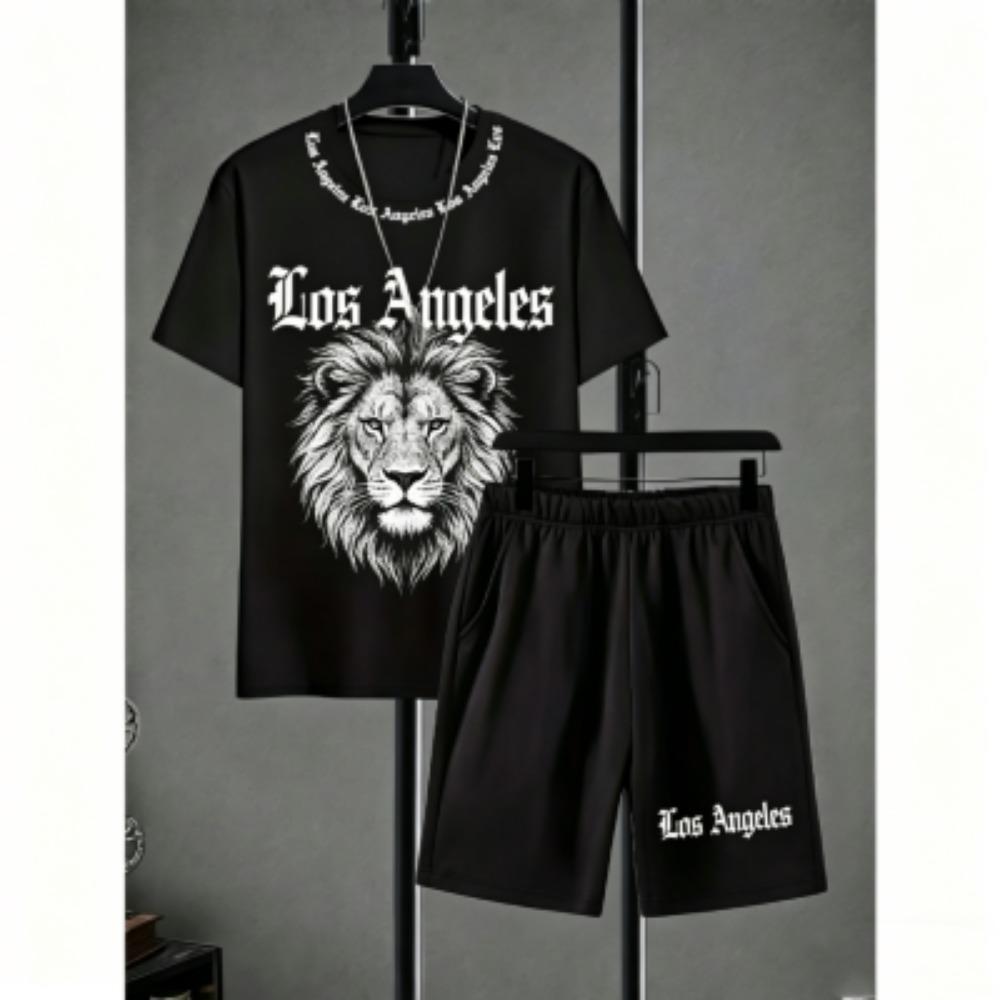 Fashion Men's Set Animal Lion Stripe Printed Men's T-shirt and Shorts 2 Piece Set Summer Casual Outdoor Men's and Women's T-shirt Sets