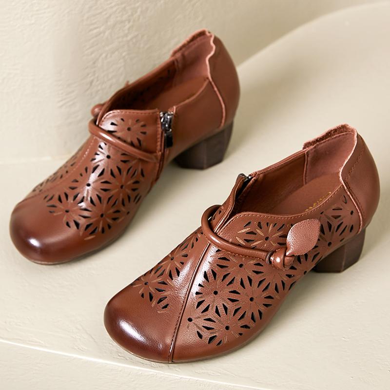 

2024 весна-лето, новые туфли-лодочки из натуральной кожи, женская обувь на высоком каблуке на мягкой подошве в стиле ретро с полым круглым носком 40 коричневый