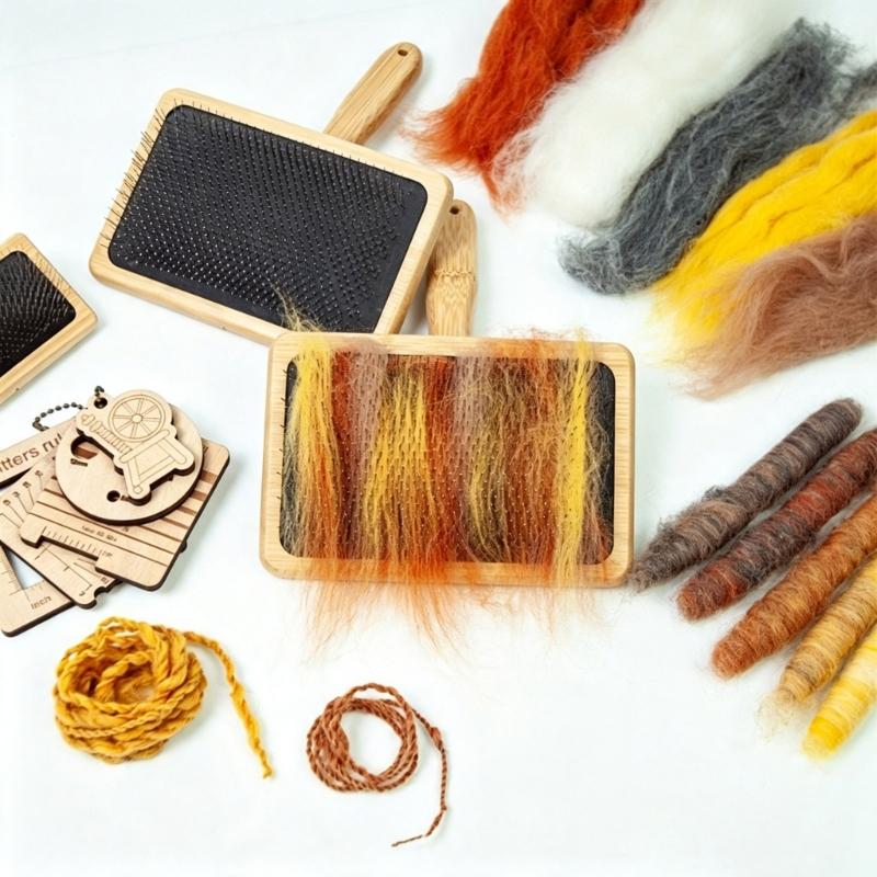 Wool Carding Brush Set with Wooden Handle, Dense Metal Bristles, 4.0MM Knitting Needle and Storage Pouch for Fiber Craft Project