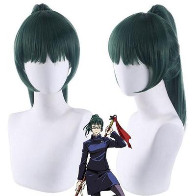 Hoge Kwaliteit Maki Zenin Cosplay Pruik Jujutsu Kaisen 60cm Donkergroen Hittebestendig Synthetisch Haar Anime Cosplay Pruiken + Bril
