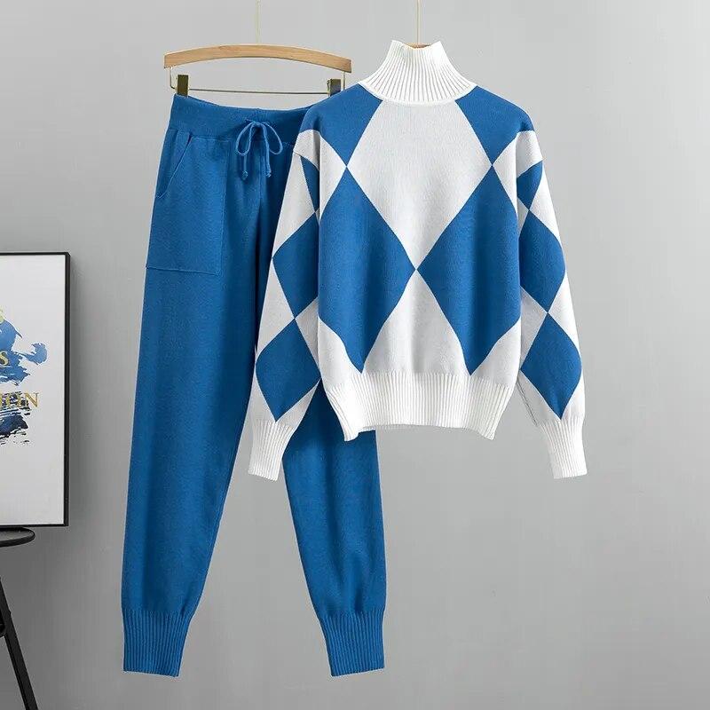 Geomatric feminino camisola conjuntos de ternos outono inverno grosso macio conjuntos de malha pullovers calça longa casual 2 pçs terno de pista