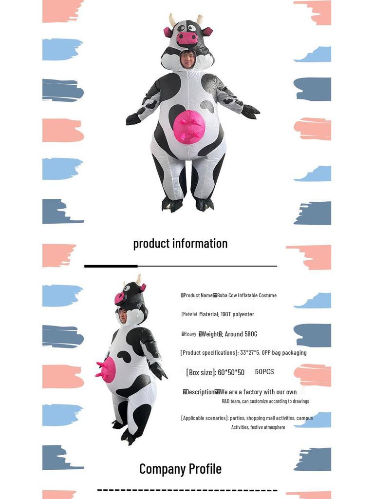Cute Cow Inflatable Costume for Parties or Gatherings – Fun Boba Cow Walking Outfit with Makeup Props