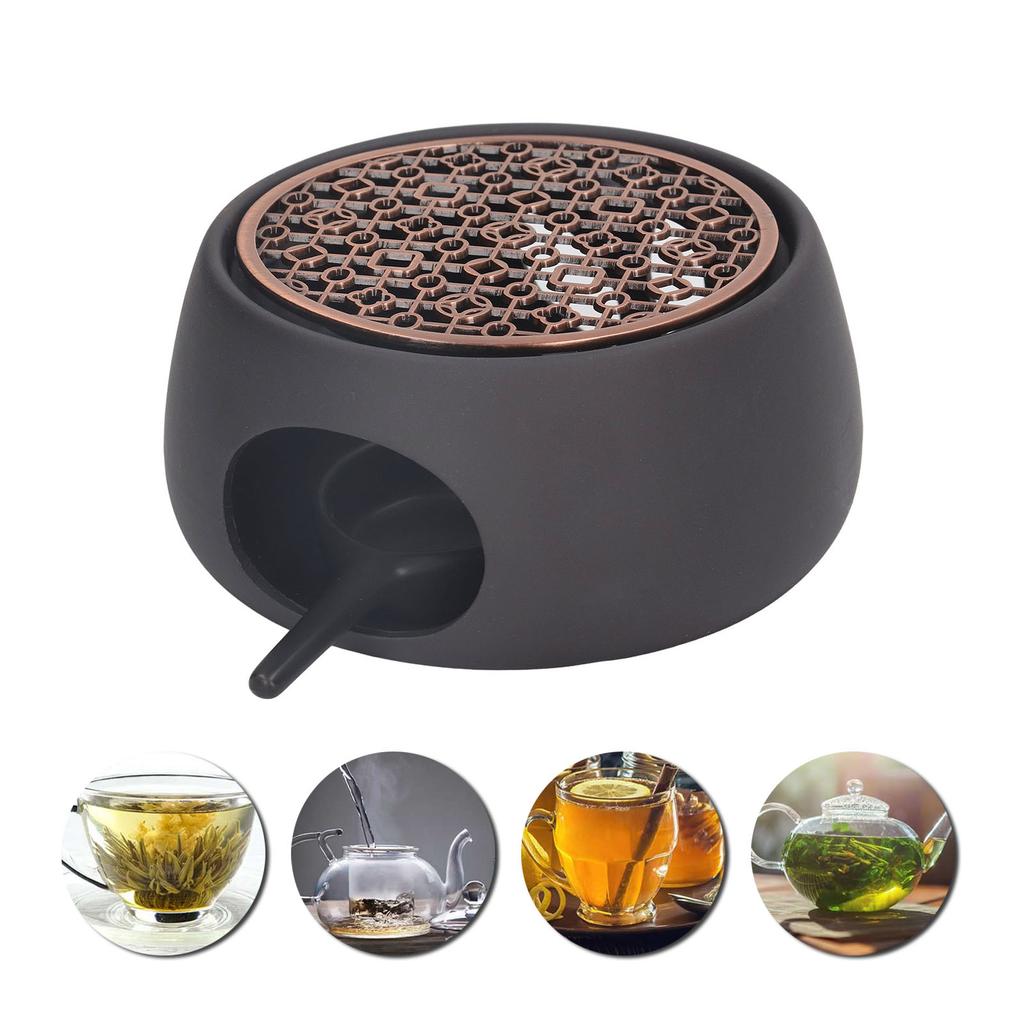 Teapot Warmer Base Ceramic Candle Heater Tea Coffee Milk Light Warmer with Purple Iron Pad for Home Black