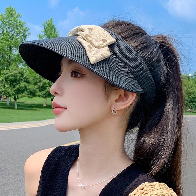 

Sun Hat Women s 2025 New Arrival Sun-Proof French Pearl Polka Dot Bows Topless Hat Pastoral Style Straw Hat Black