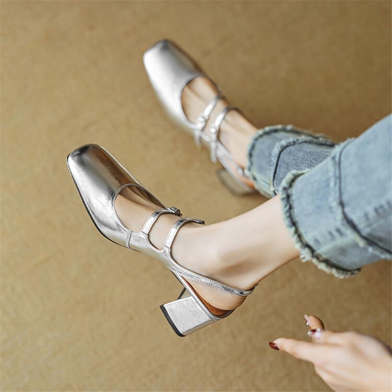 Fashion Summer Sandals Mary Jane Shoes Square Toe High Heels Cover Toe Back Strap Roman Sandals for Women Split Leather Women Sandals