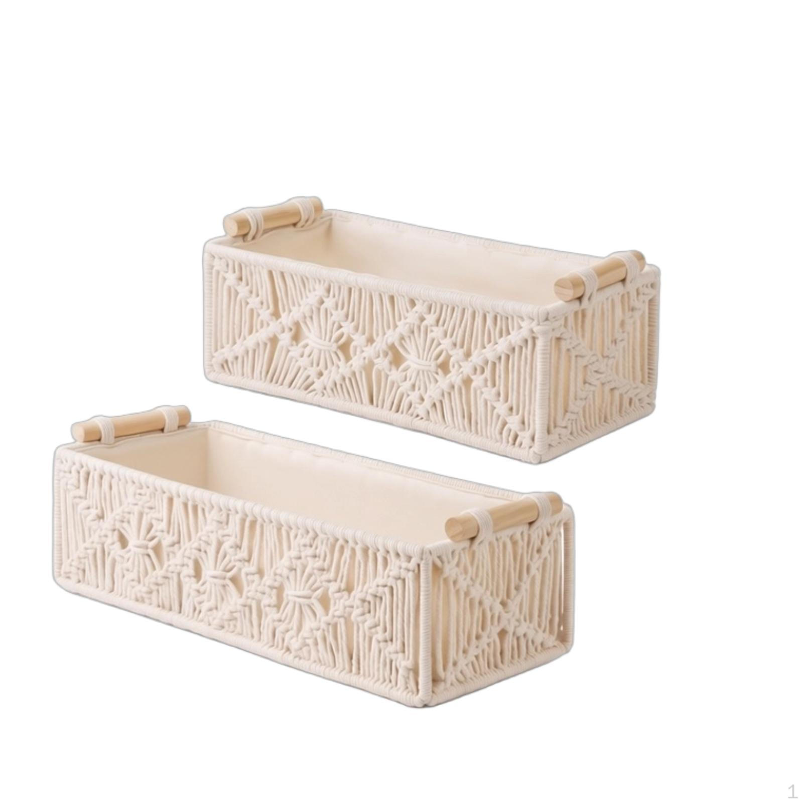 2 Pieces Storage Basket with Wood Handles Rectangular Handwoven Macrame