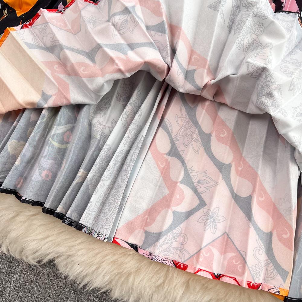 Jupe d'été taille haute slim mi-longue au-dessus du genou imprimée A-line plissée taille élastique jupe ample