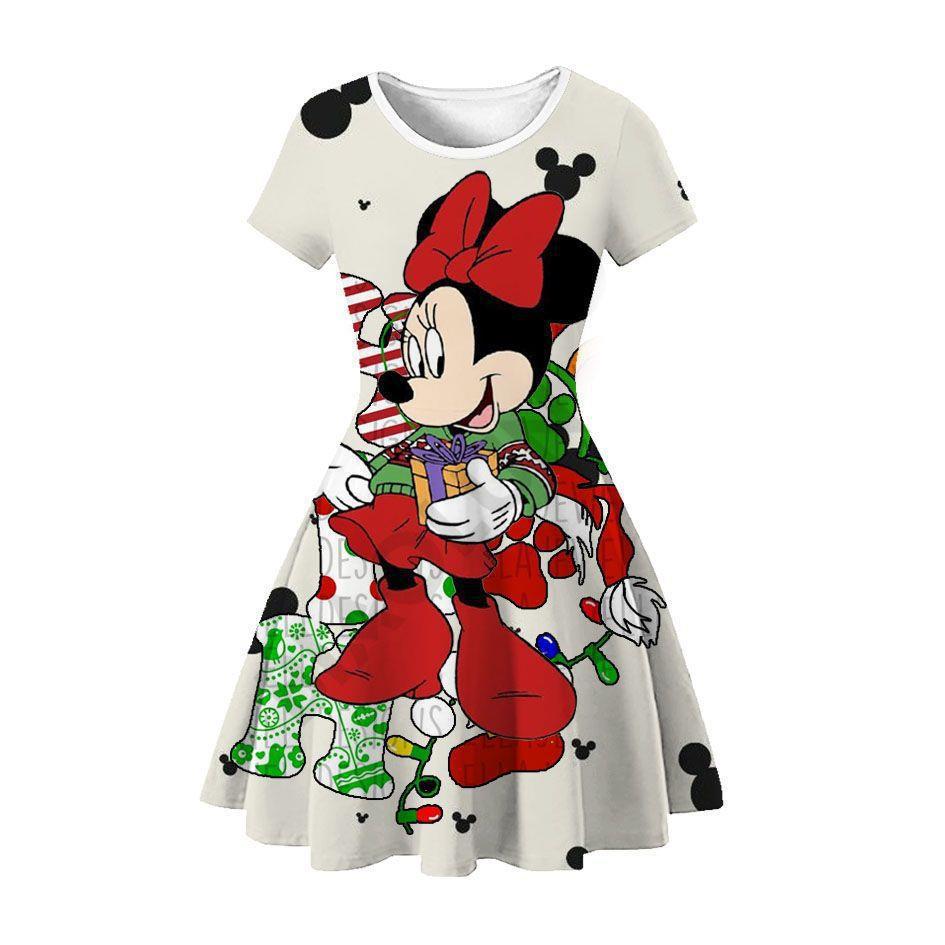 New Mickey Minnie Christmas 2D Printed Short Sleeve Dress Fashion Girls Princess Dress