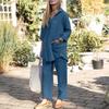 2 Pcs/Set Women Shirt Pants Set Solid Color Lapel Long Sleeve Wide